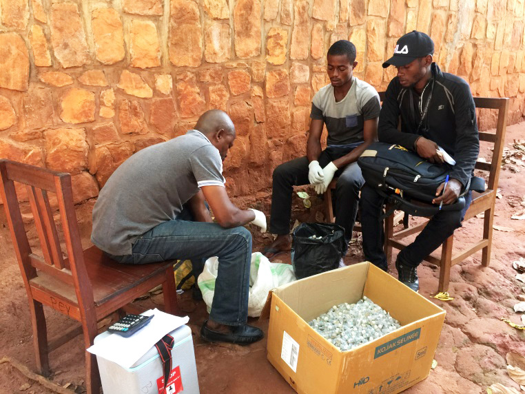 Vaccinators counting empty, open and broken vials under supervision in Bwamanda, Sud-Ubangi province. © WHO/DRC